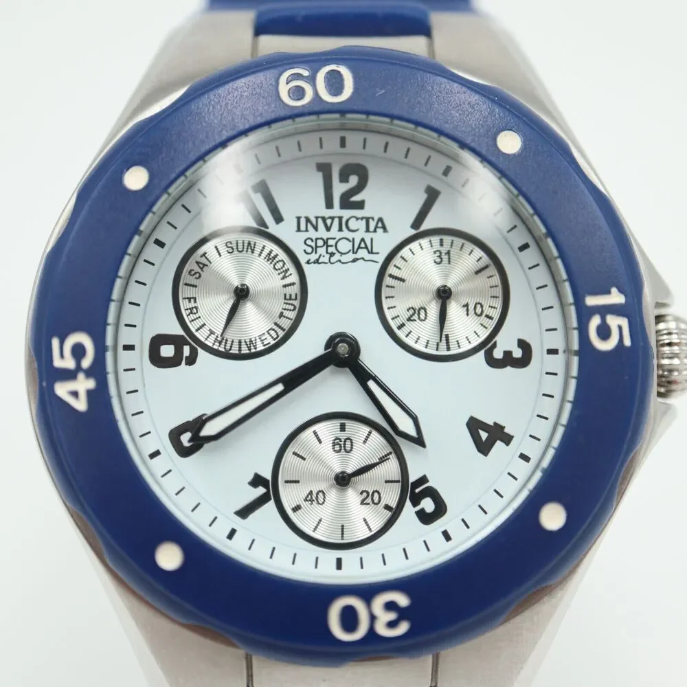 Invicta Mens Multifunction Watch 38mm White Dial Blue Bezel Silicone Strap